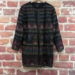 Silk Land Blazer Women's XL Black Multicolor Silk Boho Floral Embroidered Jacket